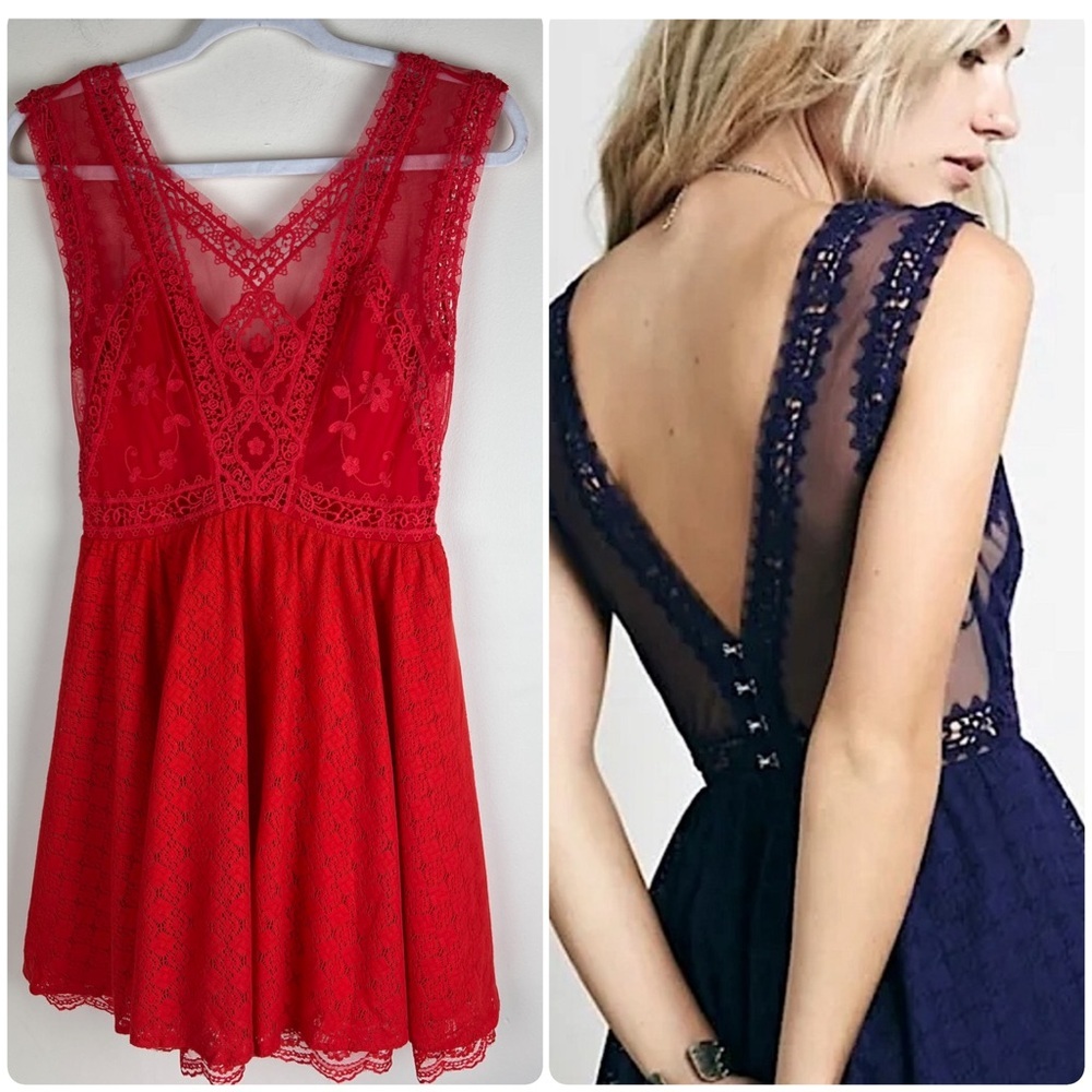 Free People Red and Navy Lace Mini Dress